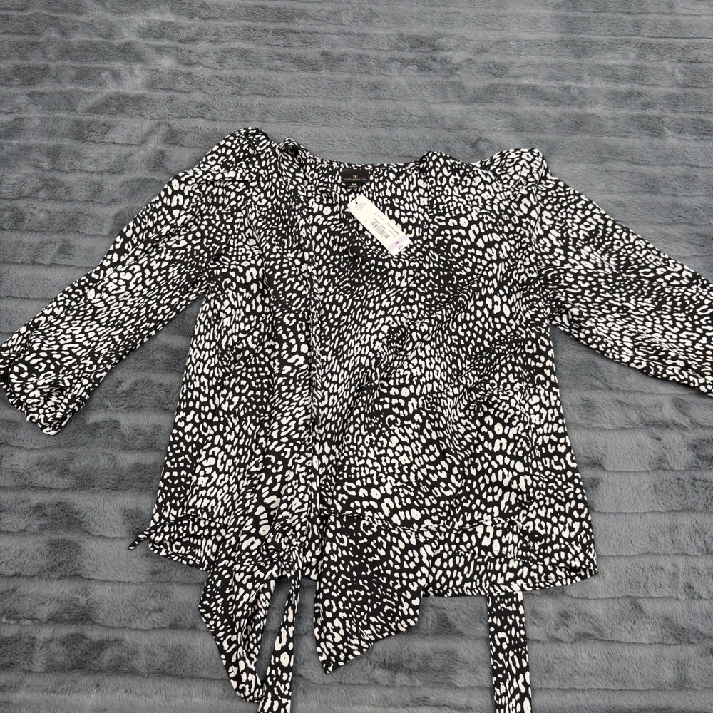 Worthington Petite Animal Print Wrap Blouse Black White PM 729-6037 New